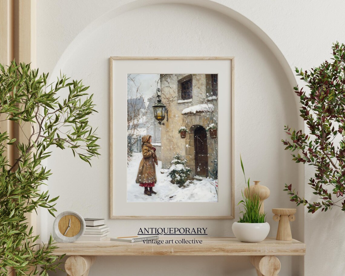 Snowy Village Winter Scene Woman Vintage European Painting Poster - Image 5