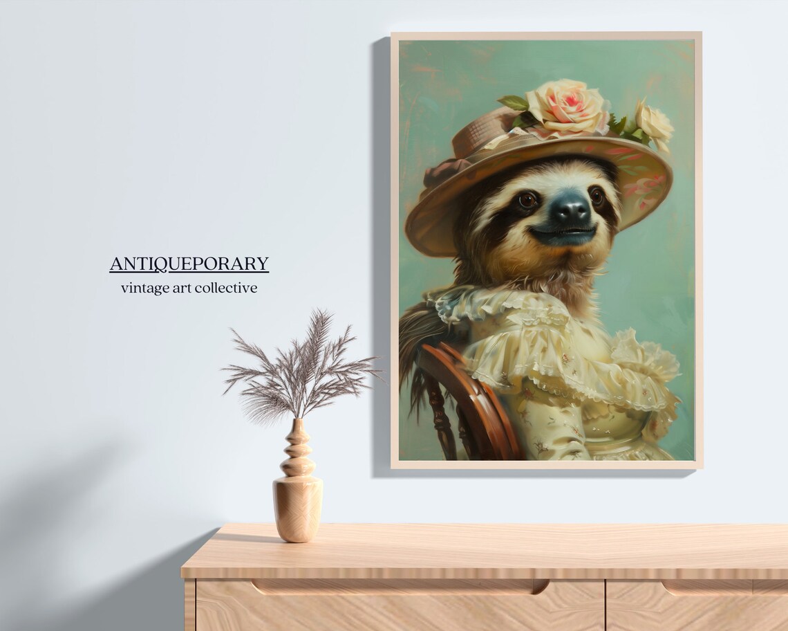 Sloth Lady in a Floral Hat and Ruffled Cream Victorian Dress Poster - Image 7