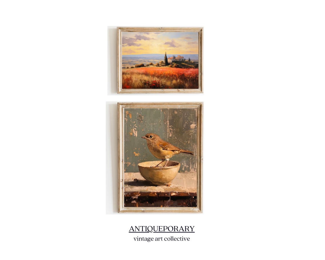 Small Brown Bird Perched on Bowl Rustic Vintage Bird Painting Poster - Image 2