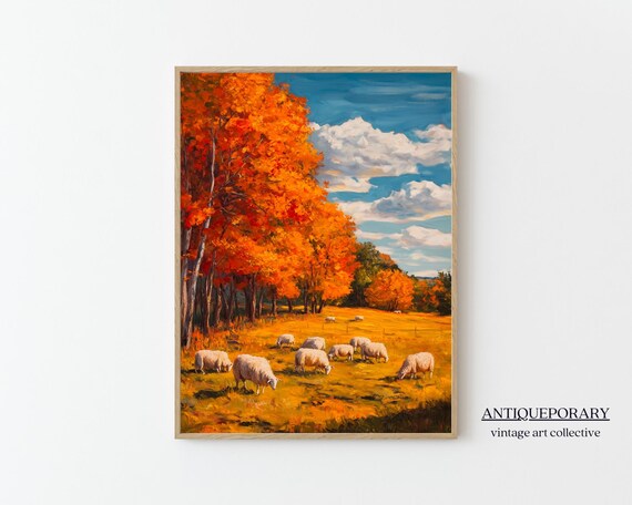 Autumn Sheep Pasture Golden Fall Trees Rustic Oil Painting Poster