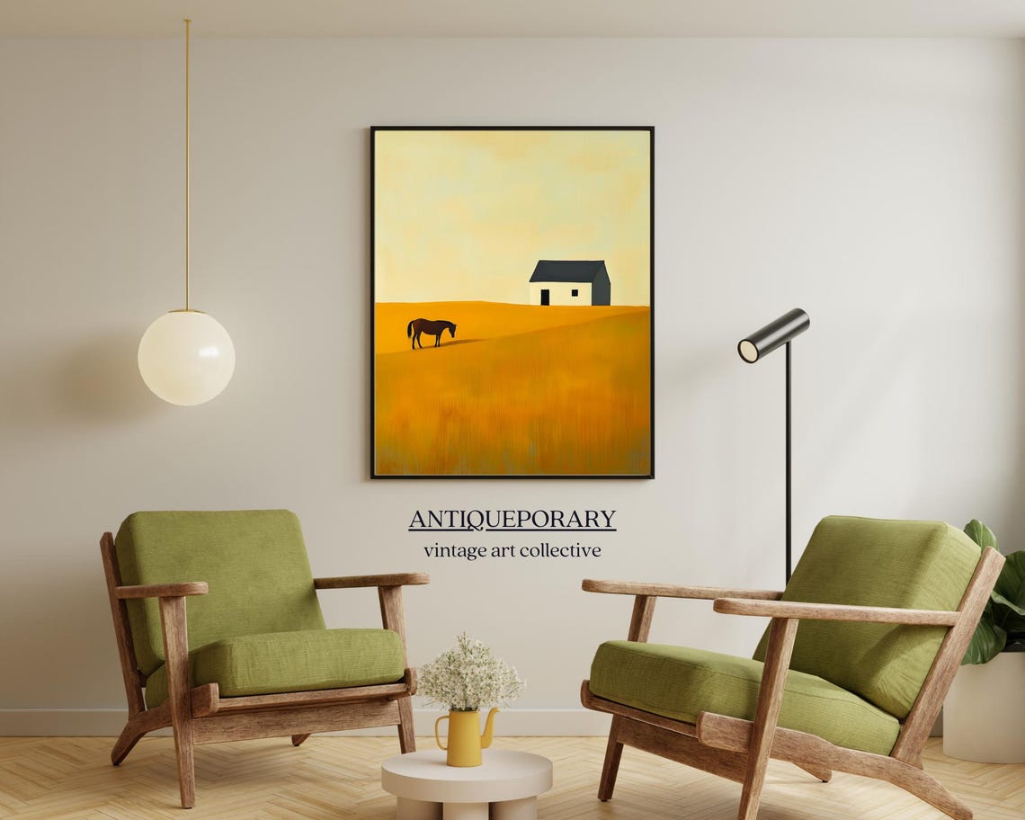 Golden Field Grazing Horse White House Warm Minimalist Art Poster - Image 5