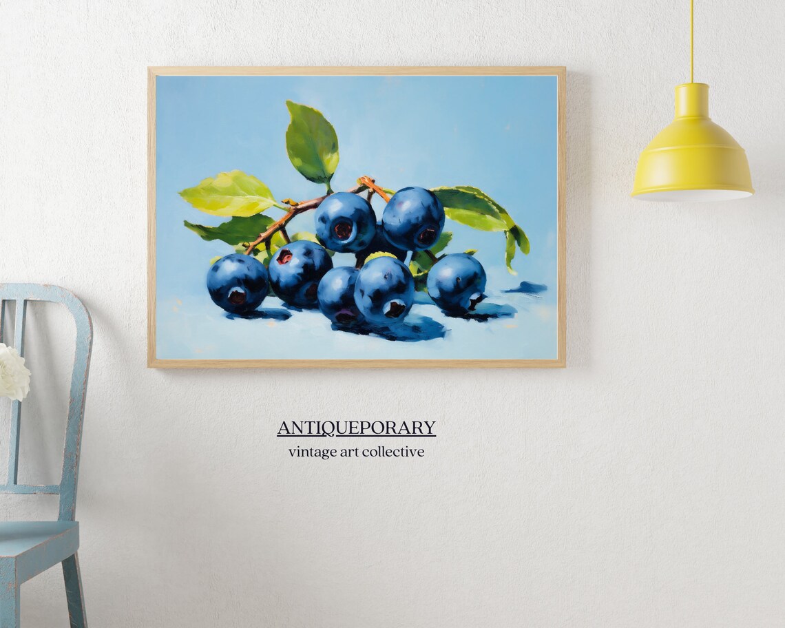 Blueberry Branch Still Life Bright Blue Painterly Fruit Art Poster - Image 3