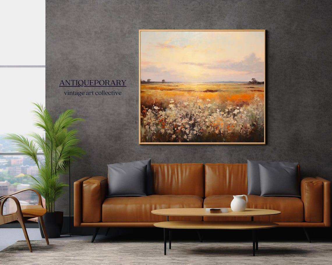 Golden Wildflower Field at Sunset Soft Impressionist Landscape Print - Image 5