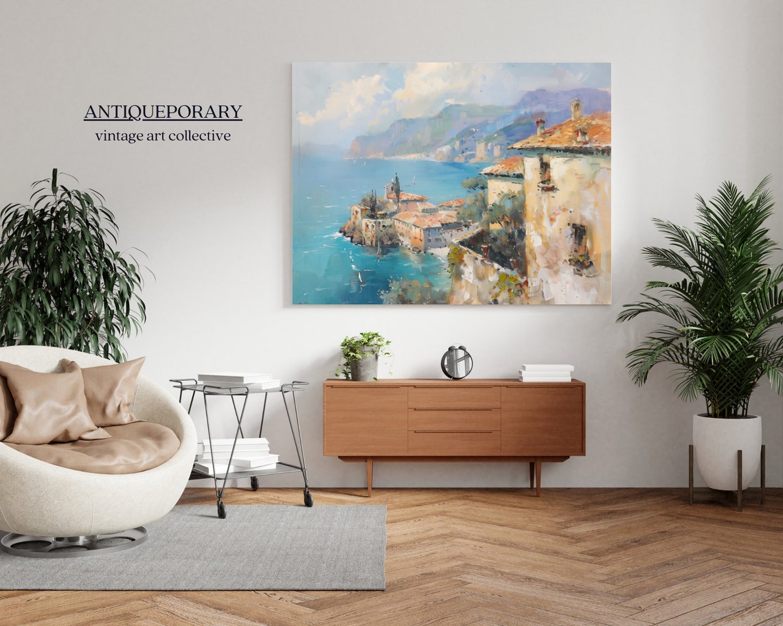 Mediterranean Coastal Village Cliffs Turquoise Sea Oil Painting Poster - Image 7