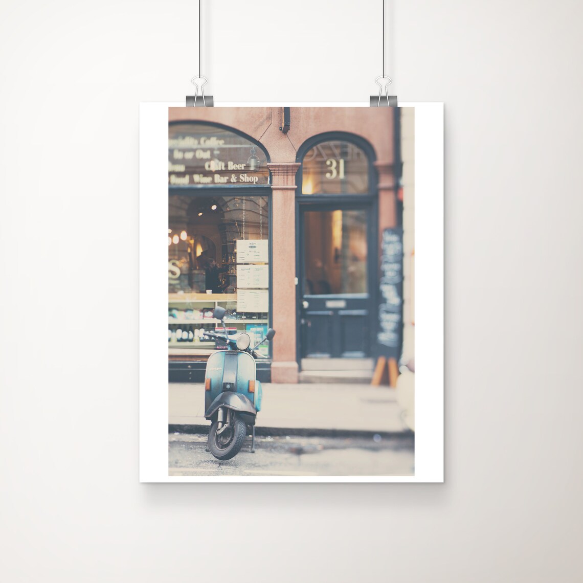 Vespa Scooter Outside London Wine Bar and Shop Street Photo Print