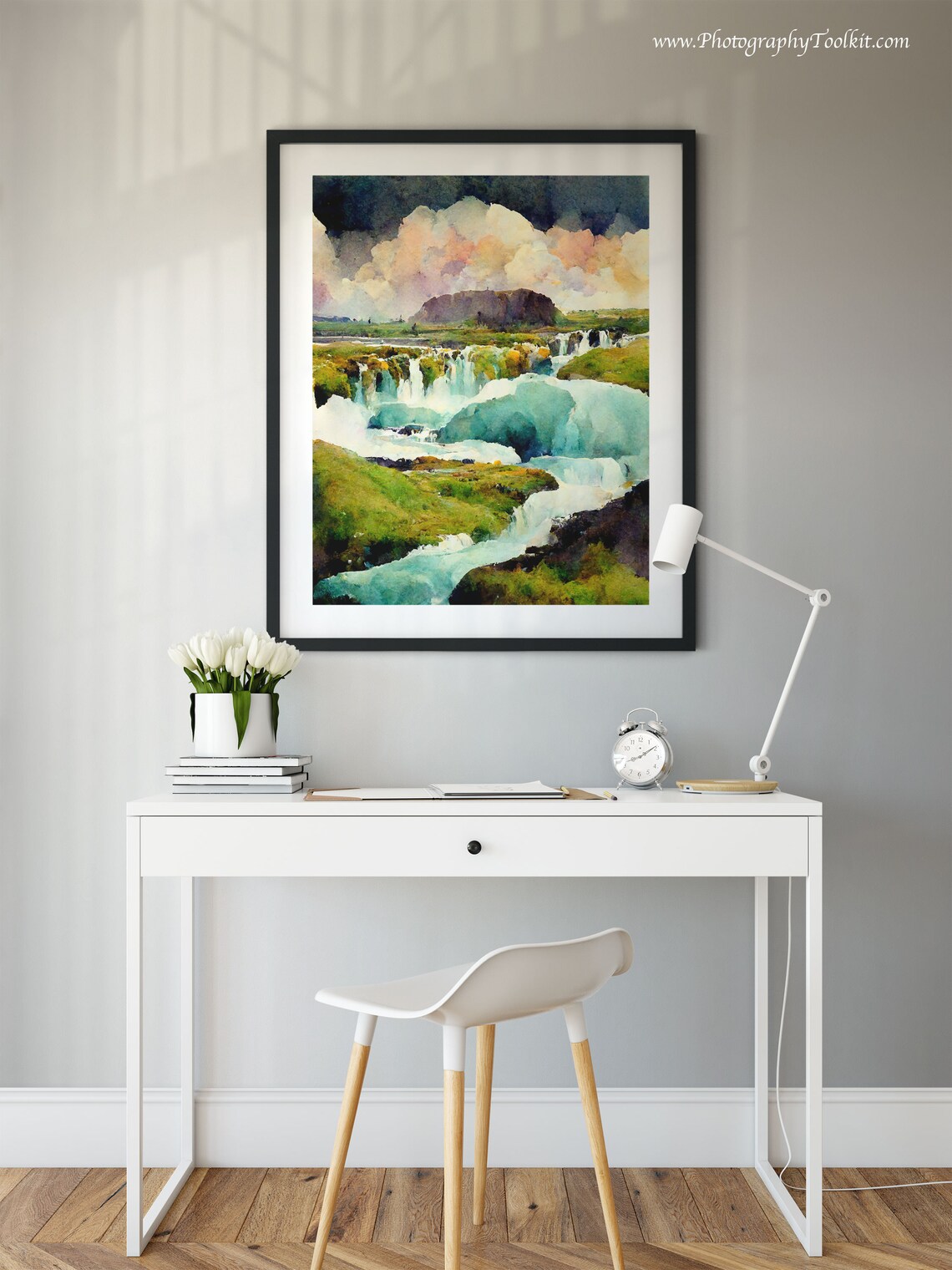 Godafoss Iceland Waterfall Mossy Green Banks Watercolor Poster - Image 2