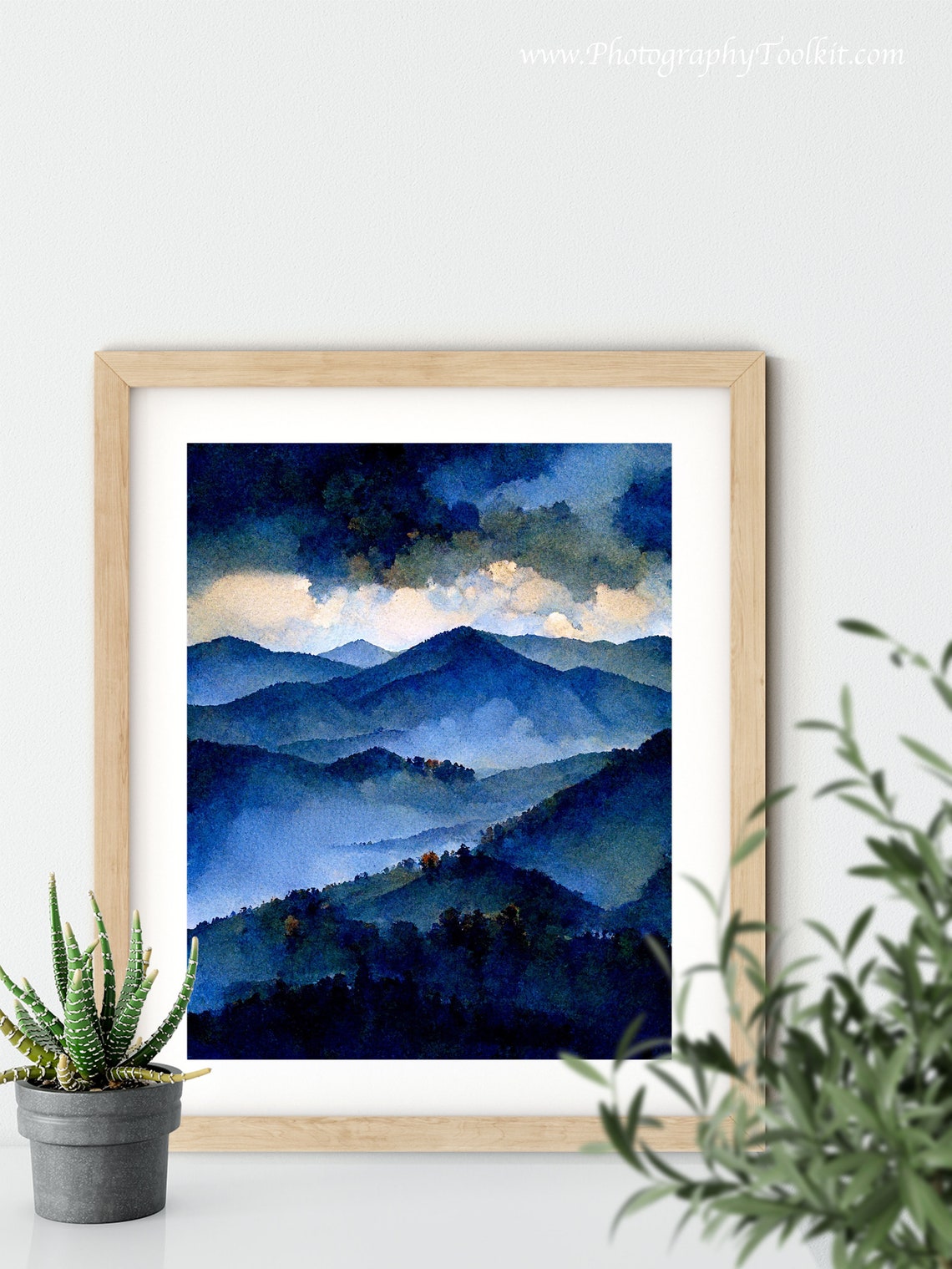 Misty Mountains Under Storm Clouds Watercolor Blue Peaks Moody Poster - Image 5