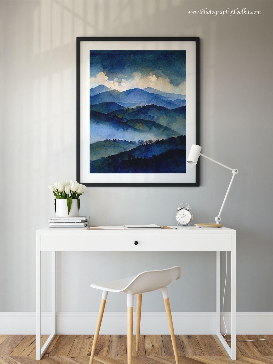 Misty Blue Mountain Layers Watercolor Foggy Peaks Serene Art Poster - Image 2