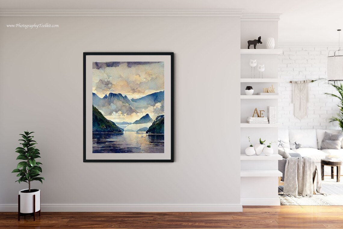 Norwegian Fjord Misty Peaks Still Water Watercolor Travel Poster - Image 4