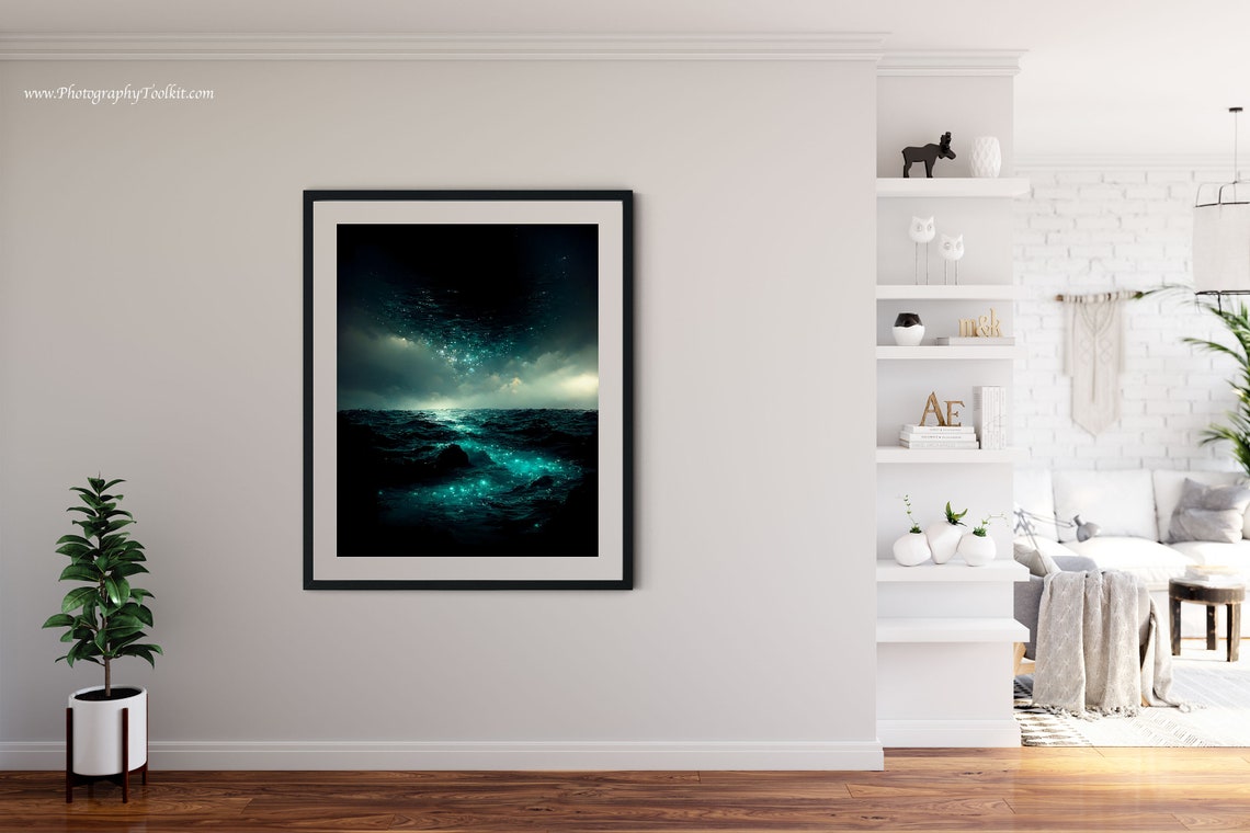 Dark Ocean Night Glowing Waves Electric Seascape Scenic Poster - Image 4