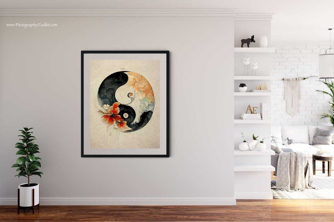 Floral Yin Yang Watercolor Wall Art Boho Balance Symbol Peach Blossom Decor - Image 4
