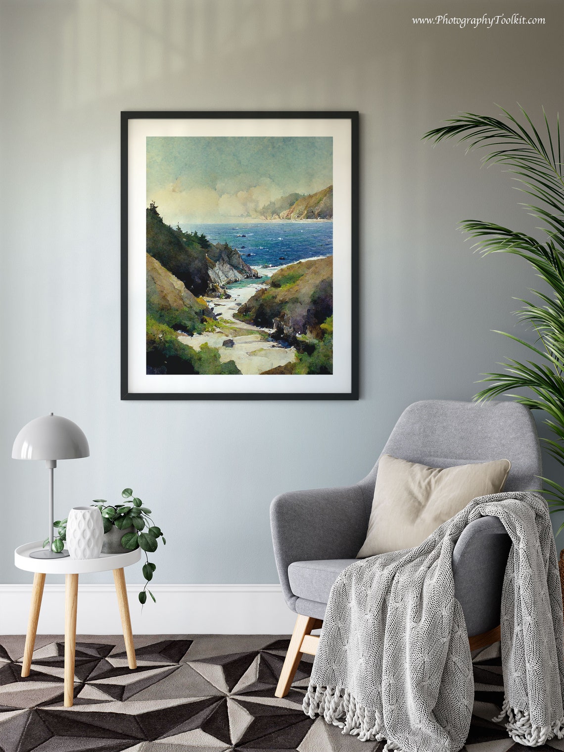 Sunlit Rocky Cove and Cliffs Above a Deep Blue Sea Watercolor Poster - Image 6