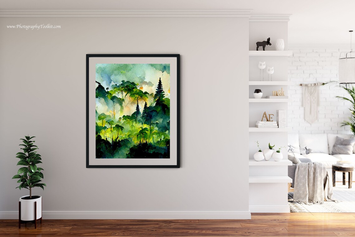 Sunlight Breaking Through a Misty Forest Canopy Watercolor Art Poster - Image 4