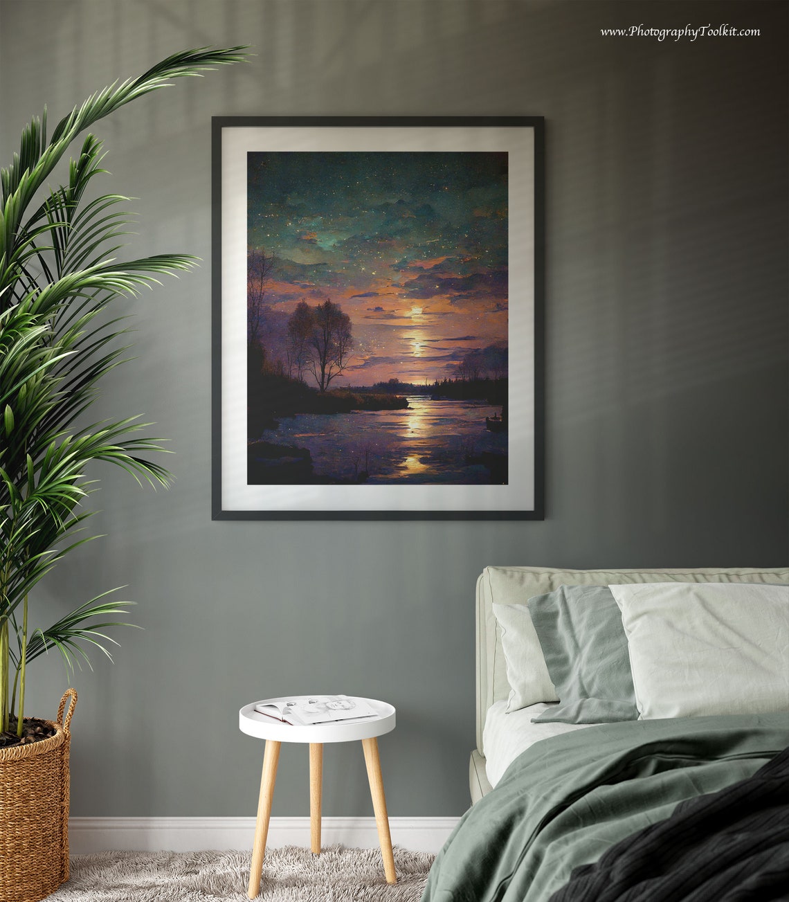 Full Moon Night Sky Starry Lake Reflection Watercolor Art Poster - Image 3