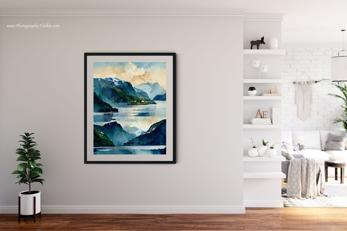 Norwegian Fjord Snow Peaks Village Watercolor Mountain Lake Poster - Image 4