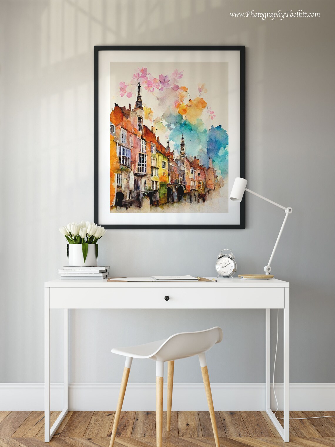Bruges Belgium Canal Houses Spires Pink Blossom Watercolor Poster - Image 2
