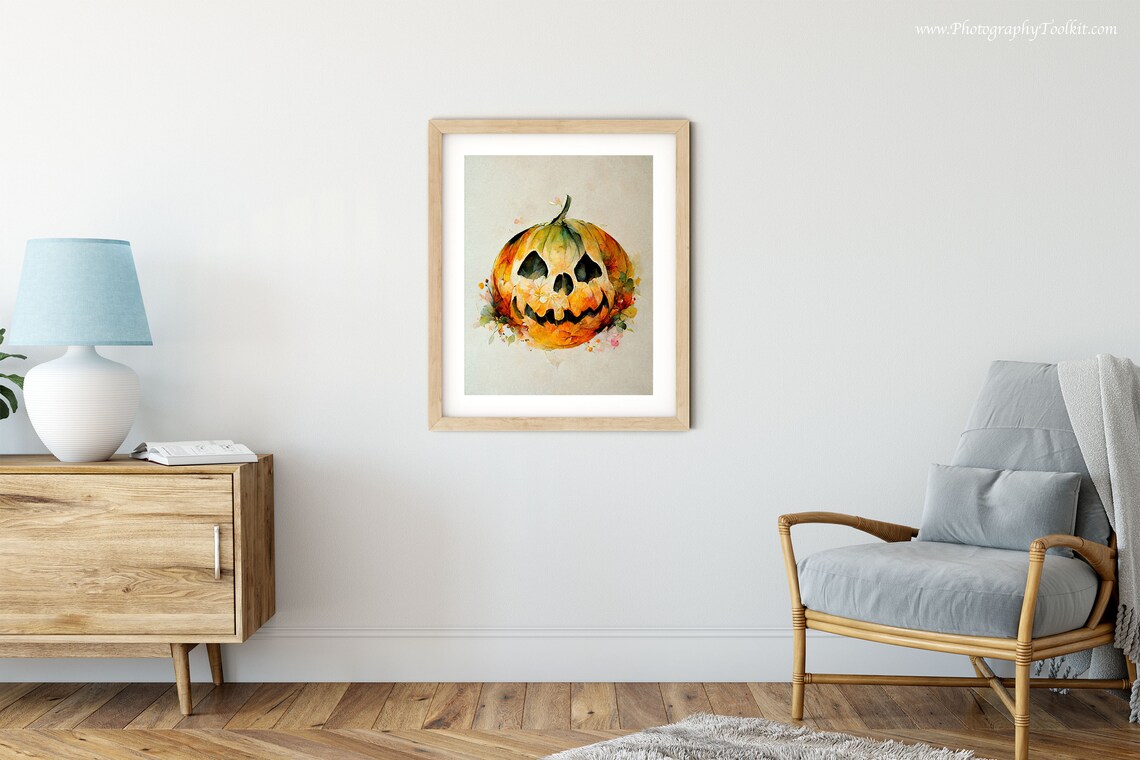 Carved Halloween Pumpkin Watercolor Wall Art Jack O Lantern Floral Decor - Image 5