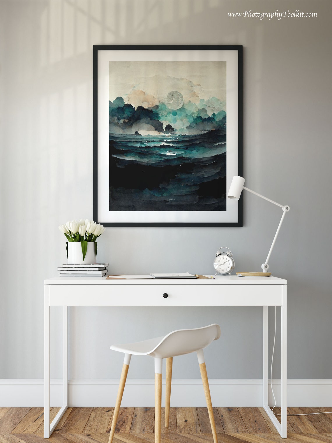 Dark Teal Ocean Waves Pale Moon Clouds Watercolor Night Sea Poster - Image 2