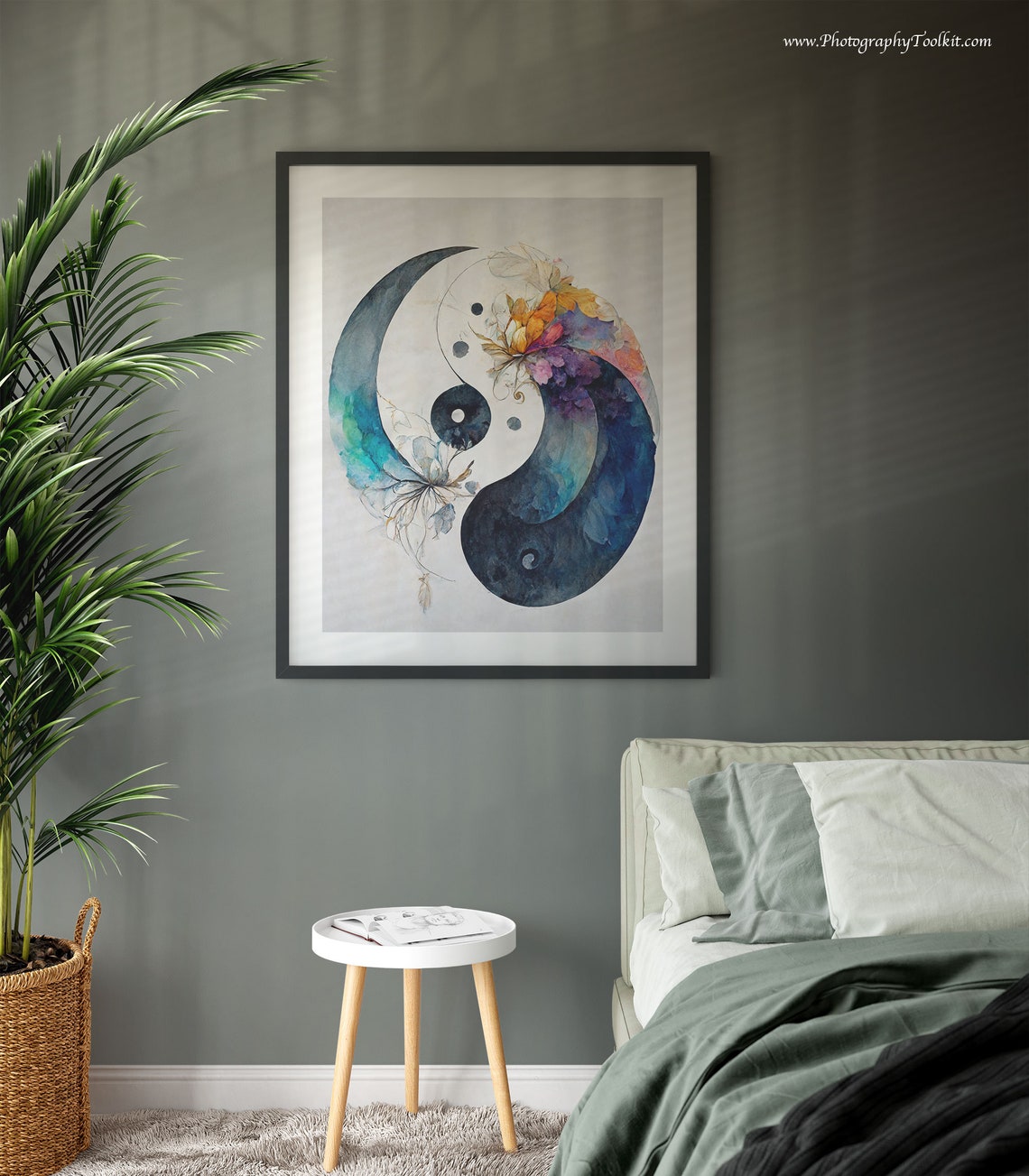 Watercolor Yin Yang Symbol with Autumn Flowers Zen Balance Poster - Image 3