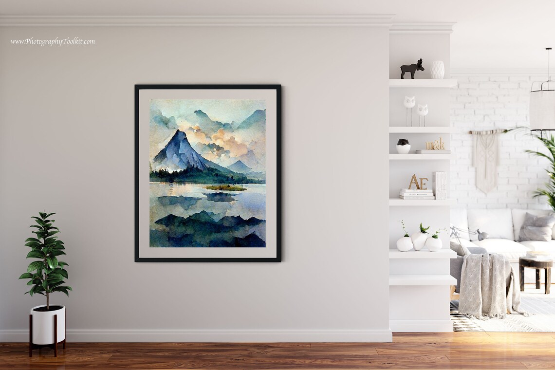 Snowy Mountain Peak Over a Mirror Lake at Sunrise Watercolor Poster - Image 4
