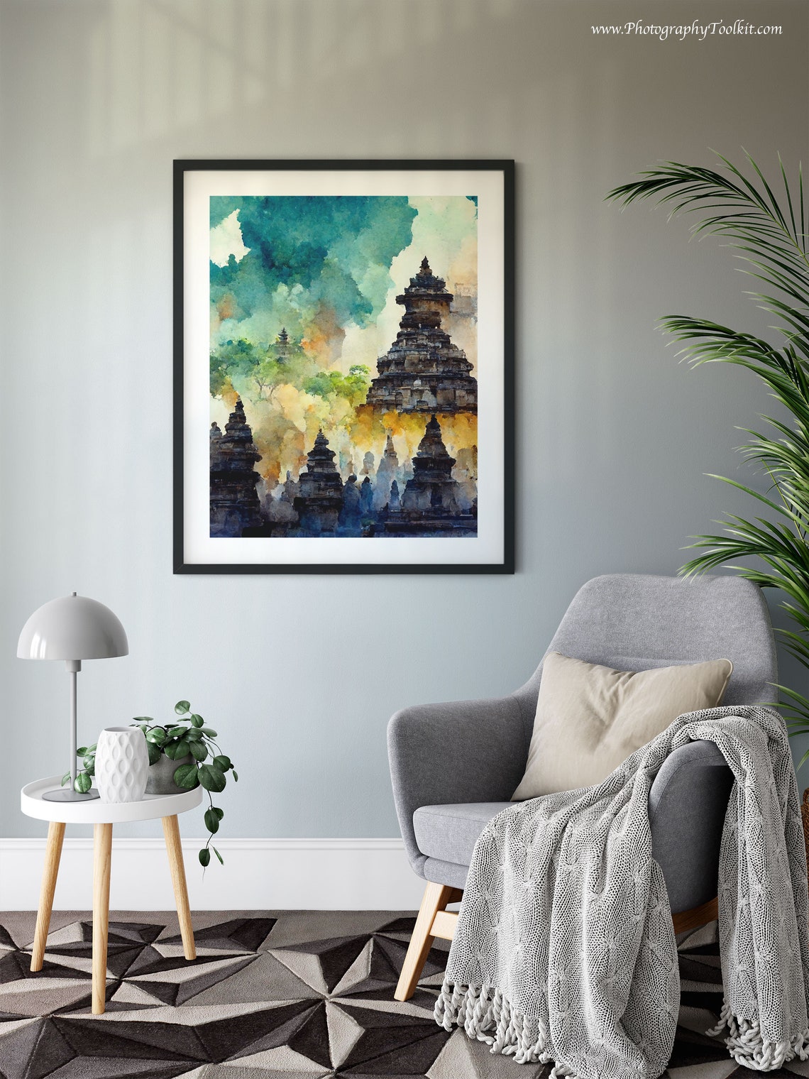 Borobudur Buddhist Temple Stone Stupas Teal Sky Watercolor Poster - Image 6