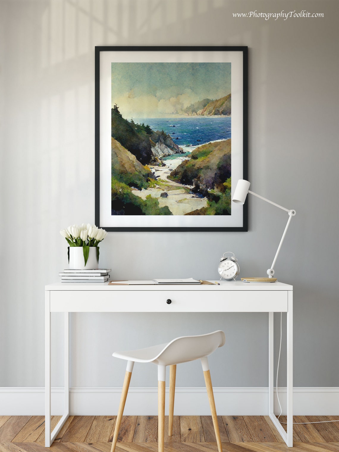 Sunlit Rocky Cove and Cliffs Above a Deep Blue Sea Watercolor Poster - Image 2