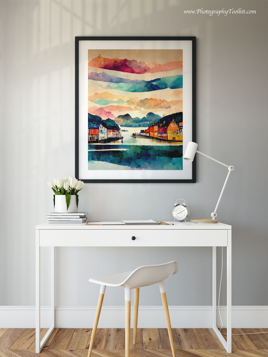 Bergen Norway Bryggen Waterfront Colorful Houses Watercolor Poster - Image 2
