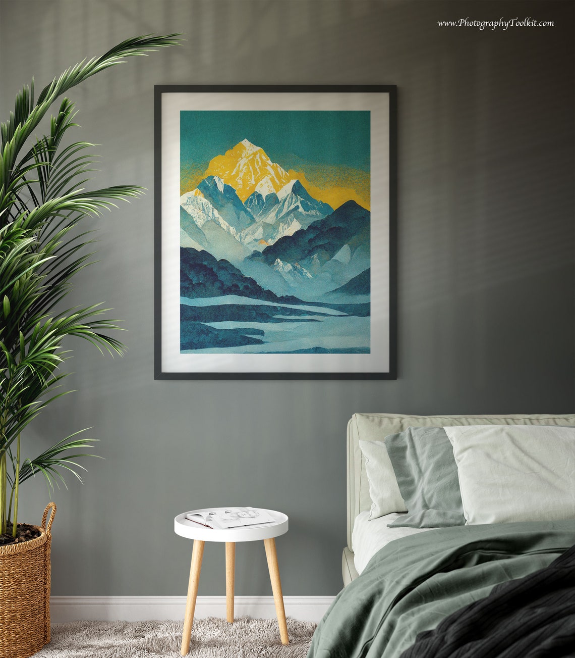 Mount Everest Golden Summit Snowy Peak Teal Blue Watercolor Print - Image 3