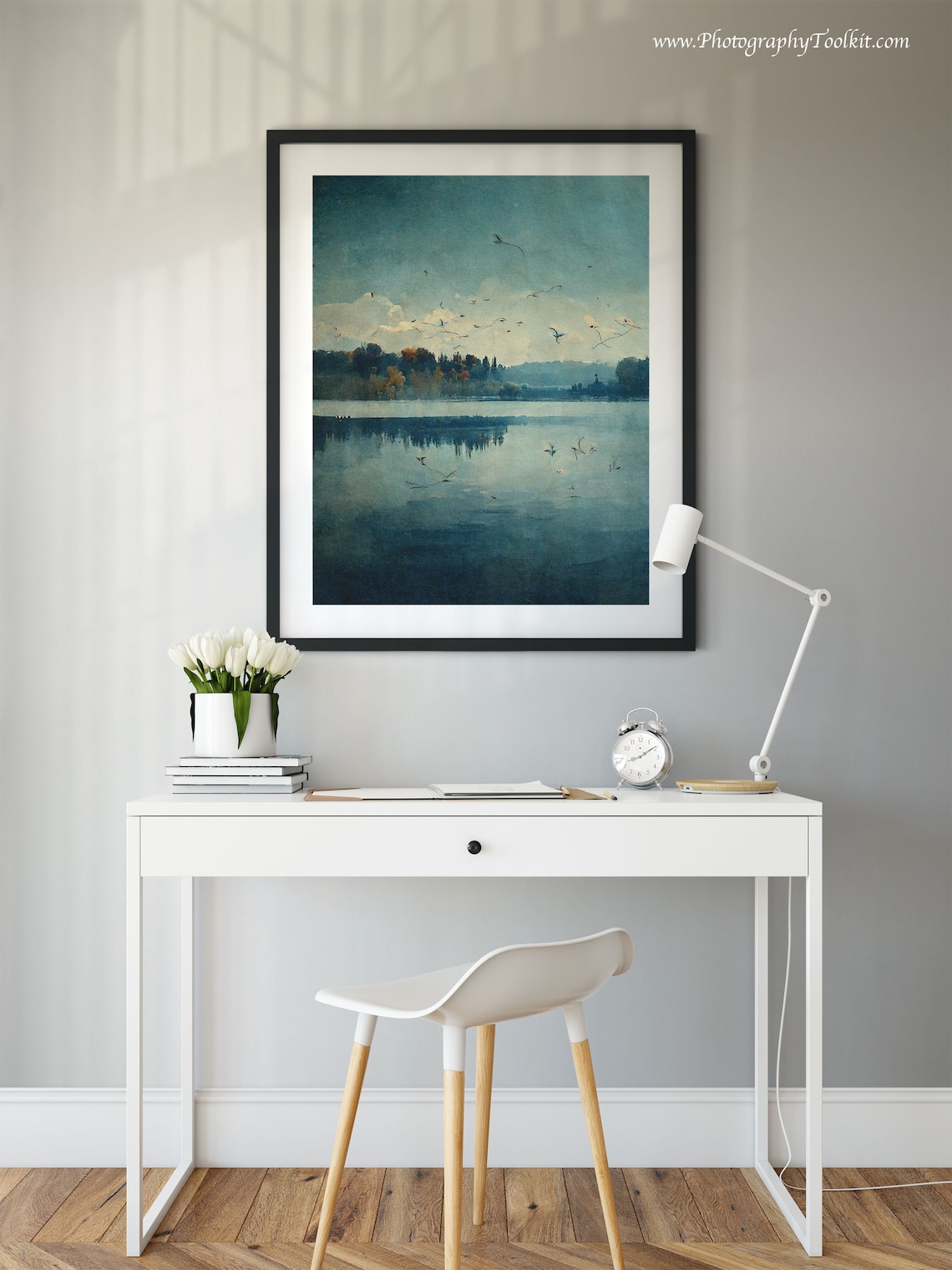 Birds Over Calm Blue Lake Watercolor Tranquil Nature Scene Poster - Image 2