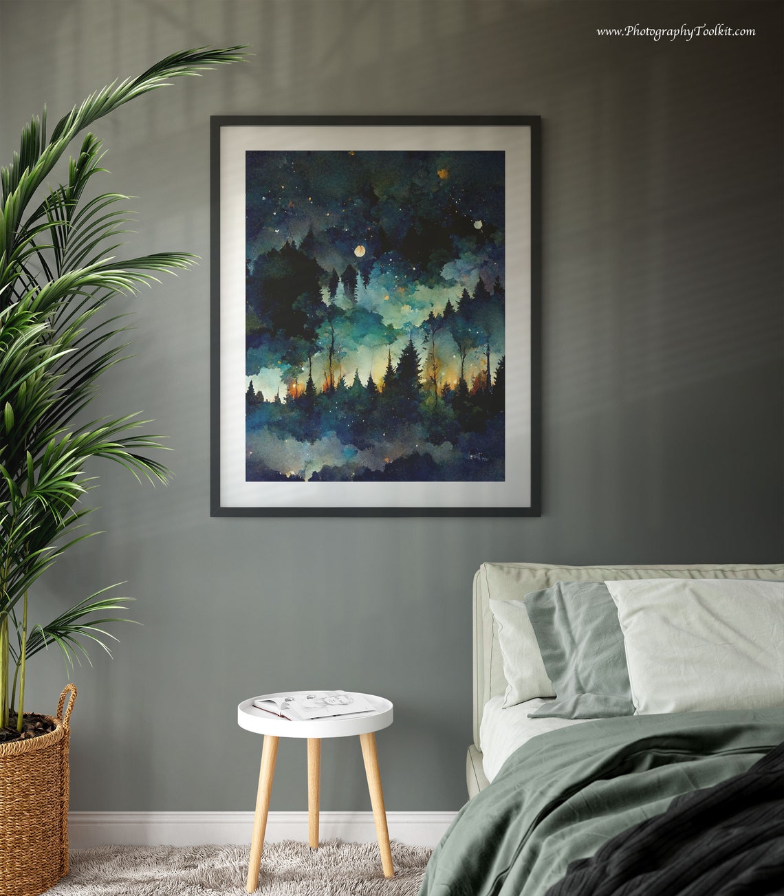 Starry Night Forest Pines Watercolor Glowing Horizon Night Sky Poster - Image 3