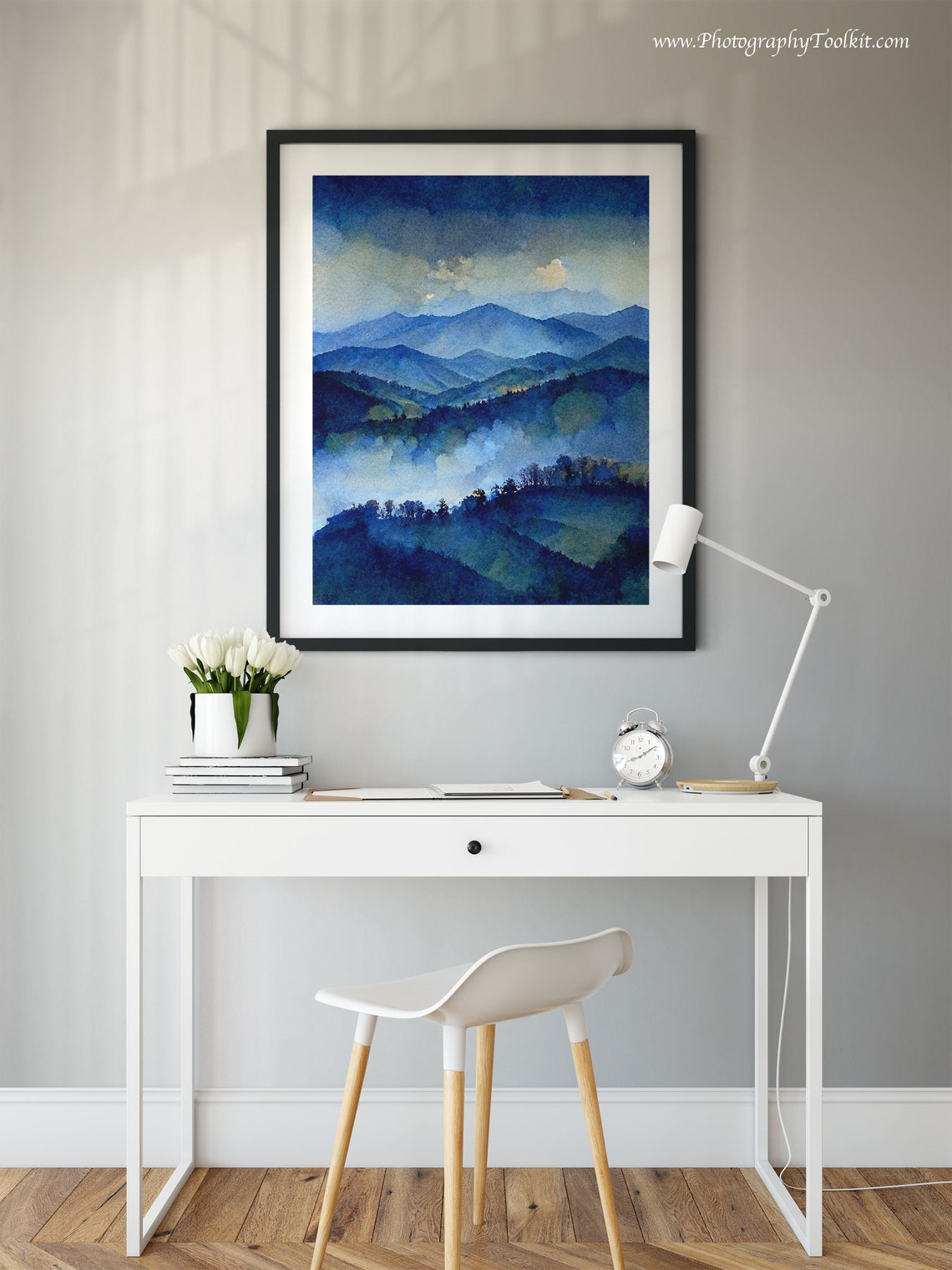 Misty Blue Peaks Watercolor Glowing Clouds Over Foggy Mountain Poster - Image 2