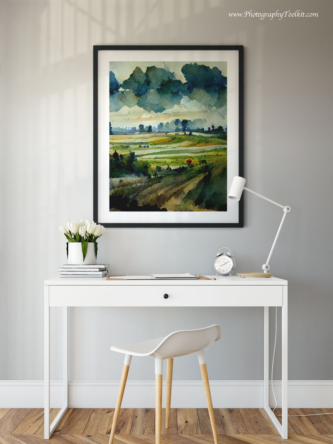 Green Fields Dark Storm Clouds Watercolor Rural Landscape Poster - Image 2