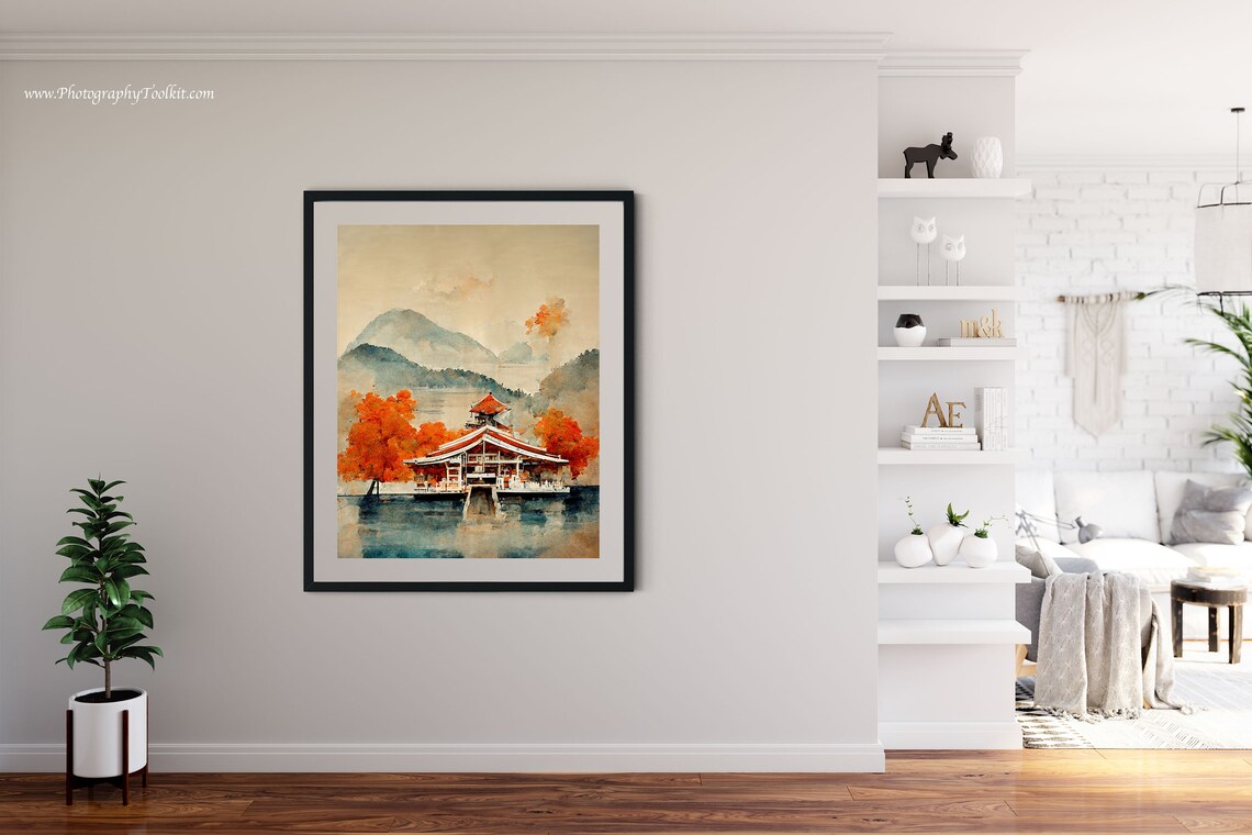 Itsukushima Shrine Japan Torii Temple Autumn Lake Watercolor Poster - Image 4