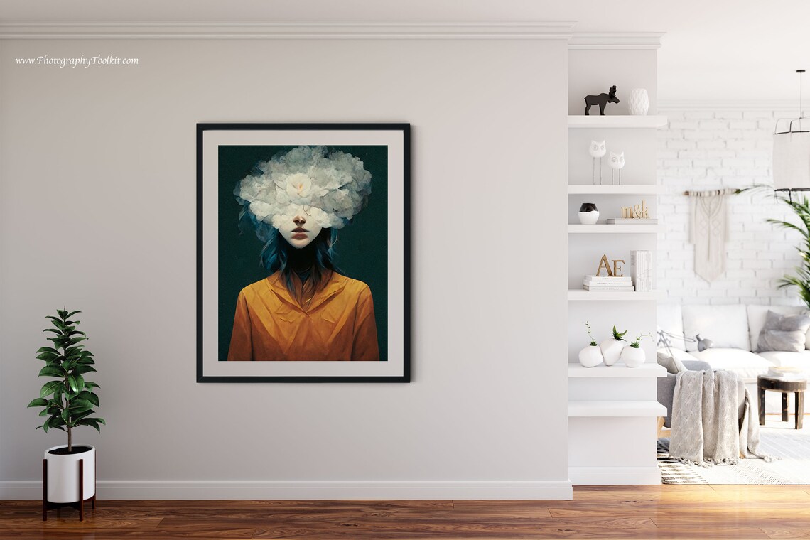 Surreal Woman Portrait with Cloud of White Flowers Dreamy Art Poster - Image 3