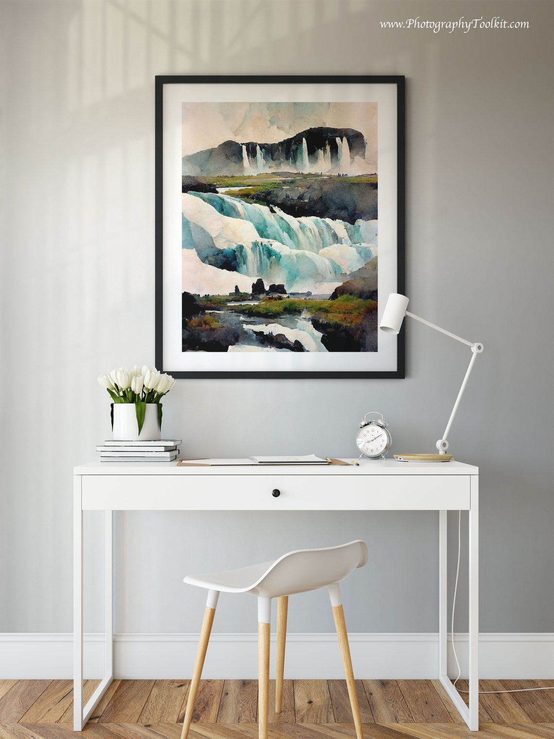 Godafoss Iceland Turquoise Cascades Under Sky Watercolor Poster - Image 2