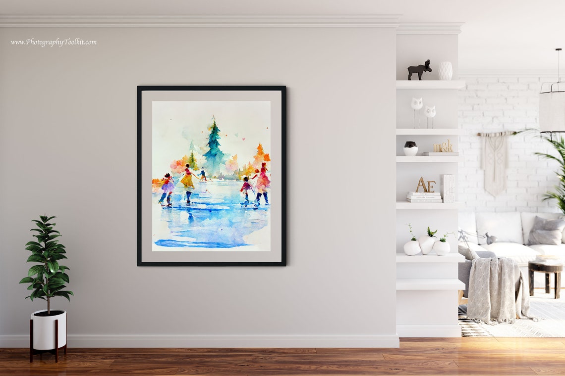Children Ice Skating on a Frozen Pond by a Christmas Tree Poster - Image 4