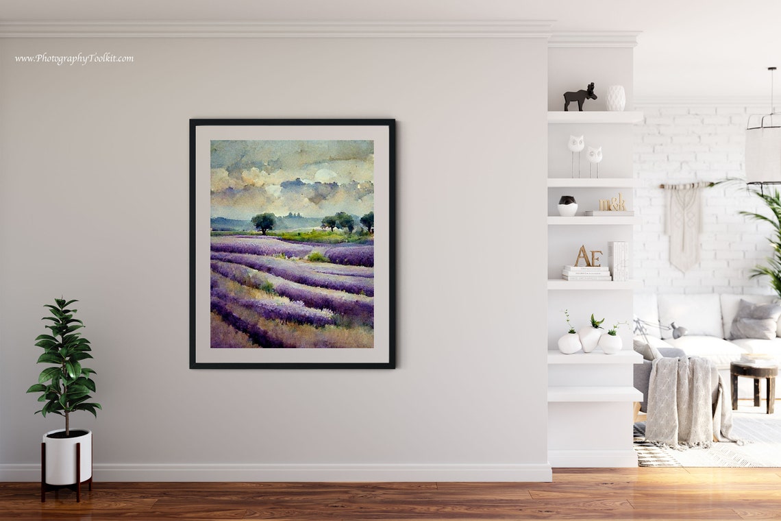 Lavender Field Rows Beneath a Cloudy Moonlit Sky Watercolor Poster - Image 4
