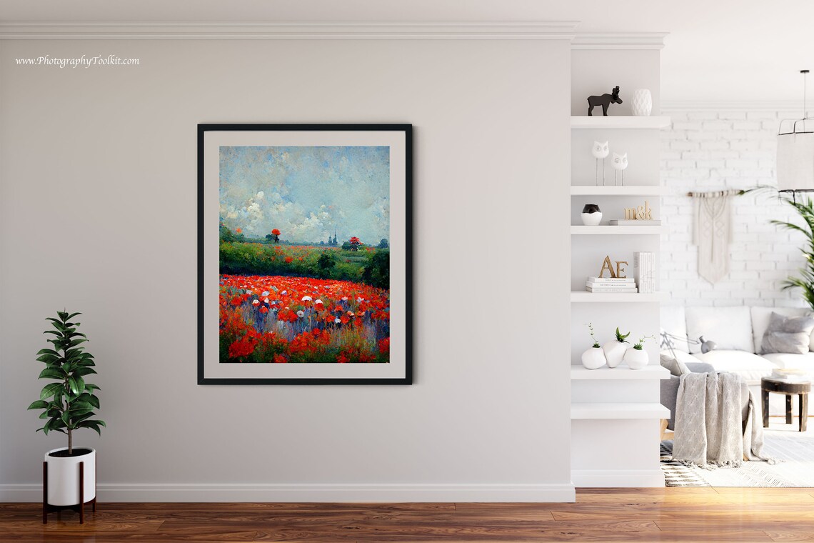 Red Poppy Field Under a Bright Blue Sky Impressionist Painting Poster - Image 4