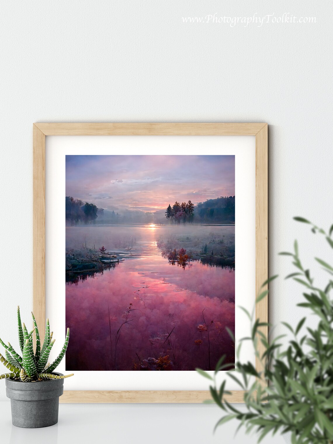 Misty Pink Sunrise Lake Reeds Calm Morning Landscape Art Poster - Image 5
