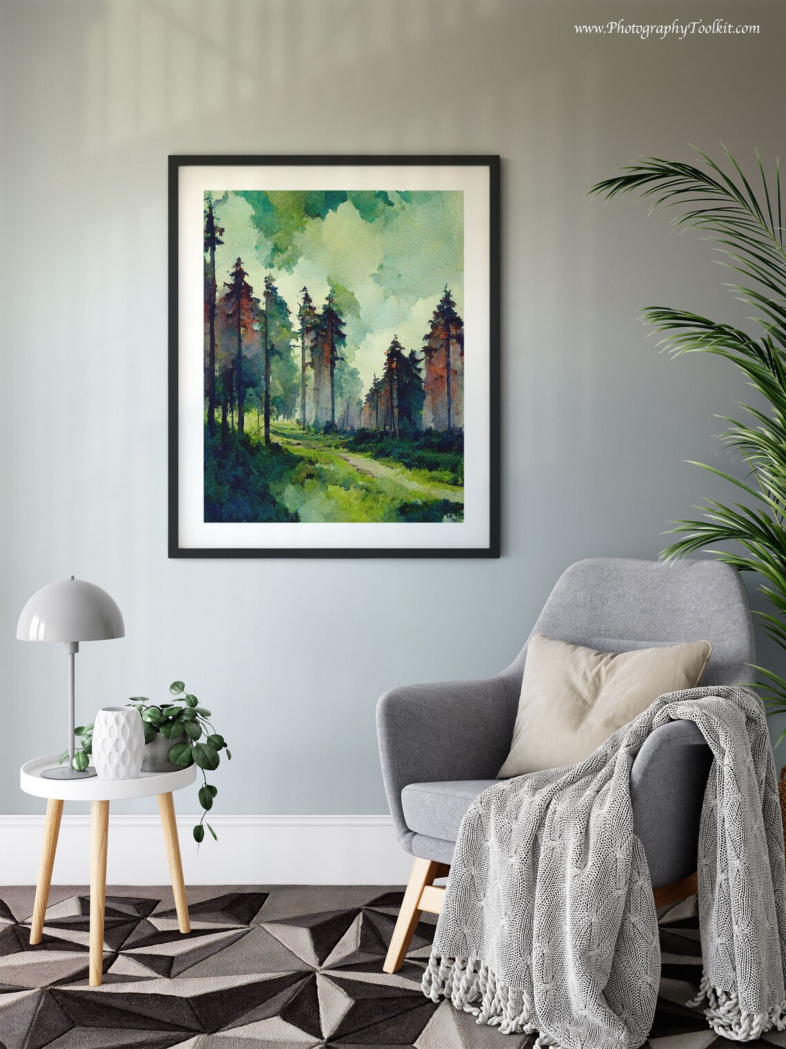 Tall Pine Trees Misty Woodland Trail Serene Watercolor Poster - Image 6