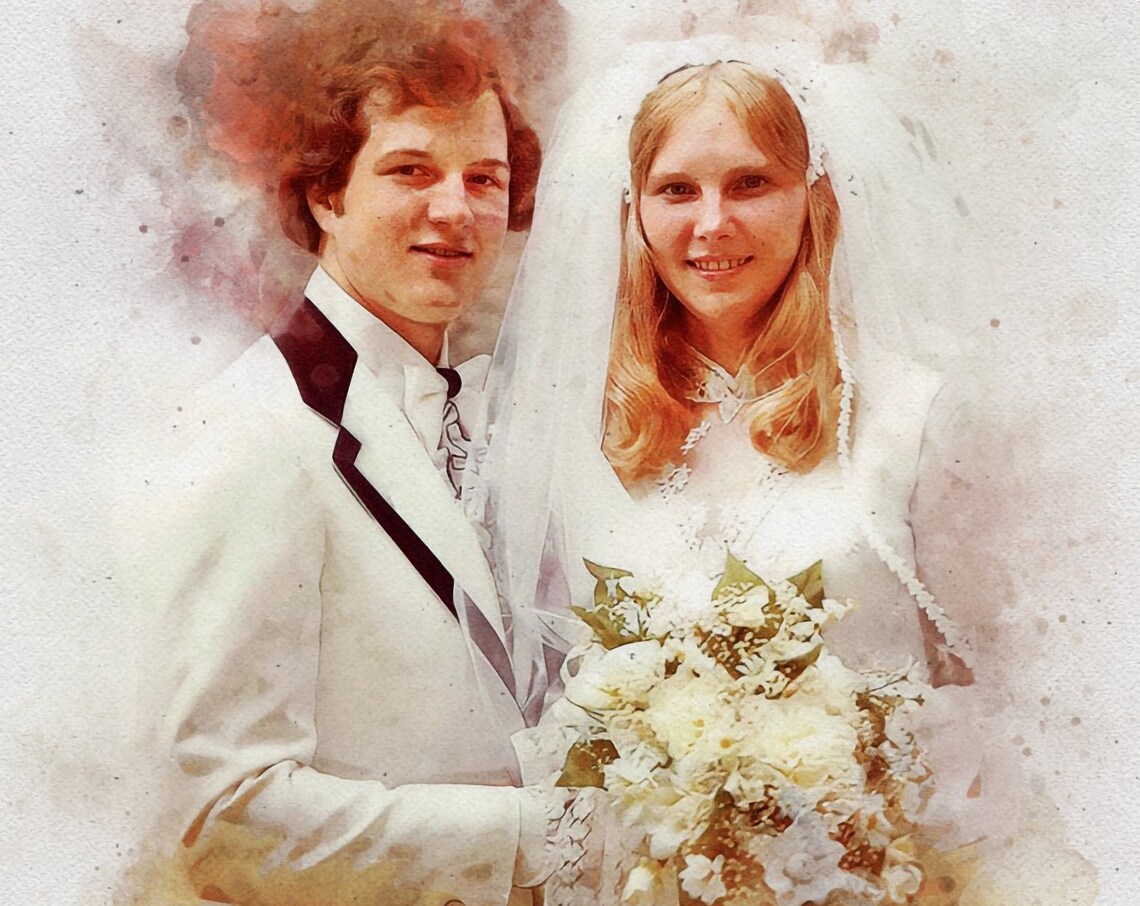 Custom Retro Watercolor Wedding Couple Portrait White Tux Art Poster