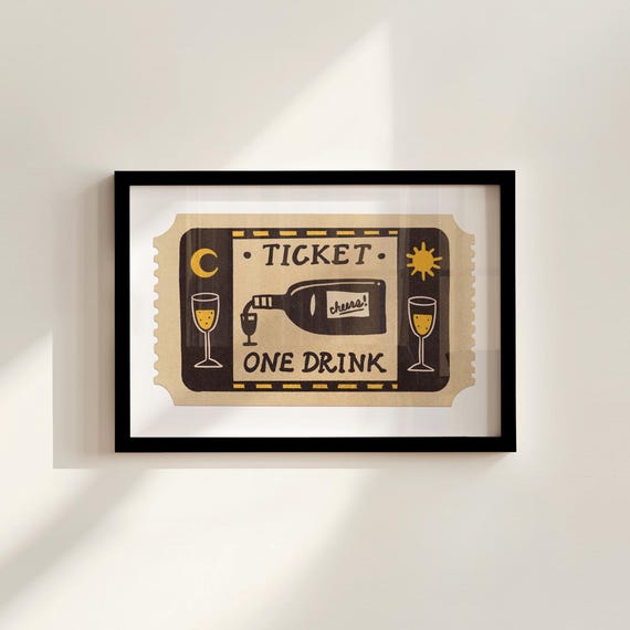 Ticket One Drink Cheers Vintage Wine Ticket Bar Decor Art Poster