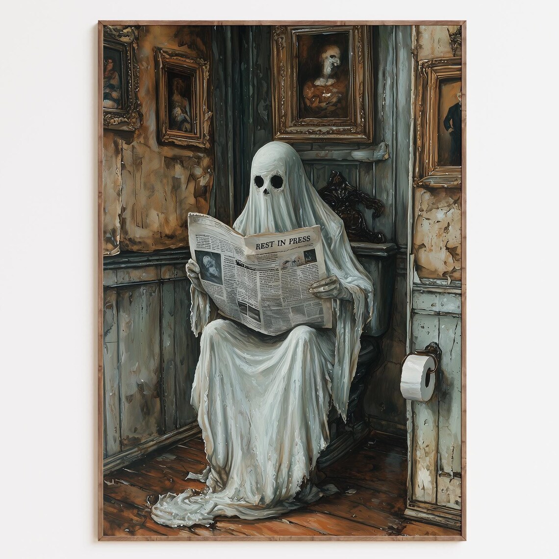 Funny Ghost Reading Newspaper On Toilet Bathroom Halloween Art Print