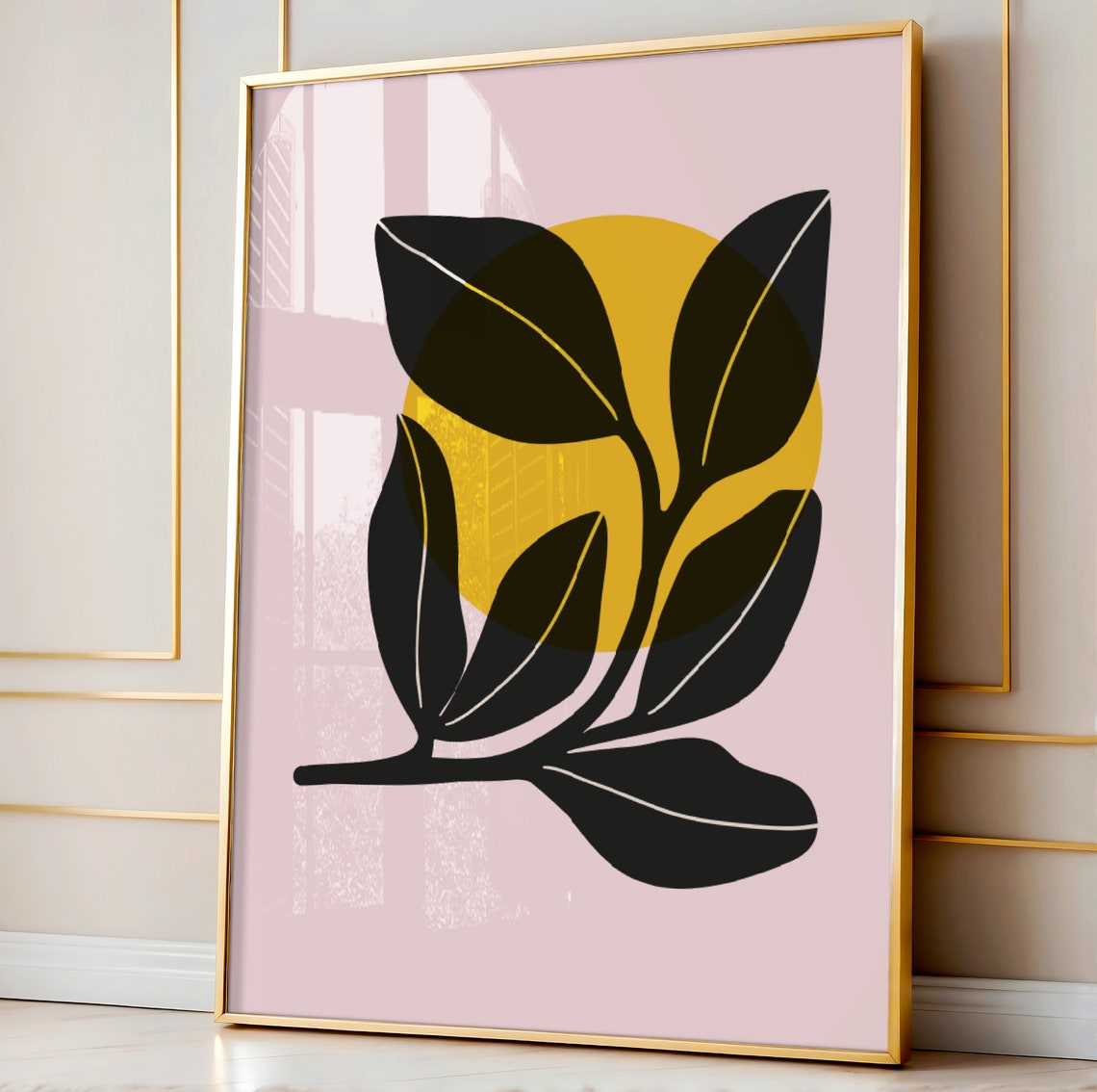 Black Botanical Leaf Golden Sun Disc Minimalist Modern Art Poster
