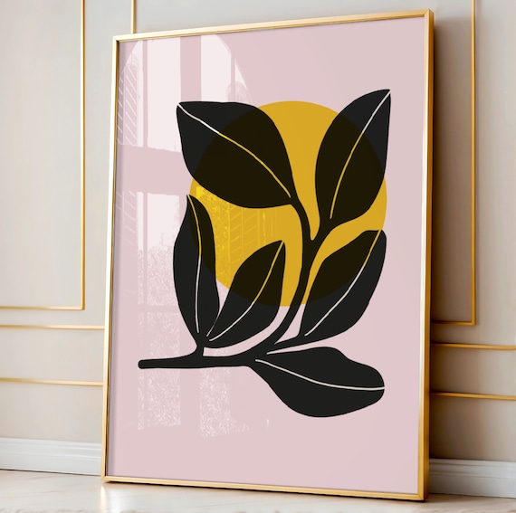 Black Botanical Leaf Golden Sun Disc Minimalist Modern Art Poster