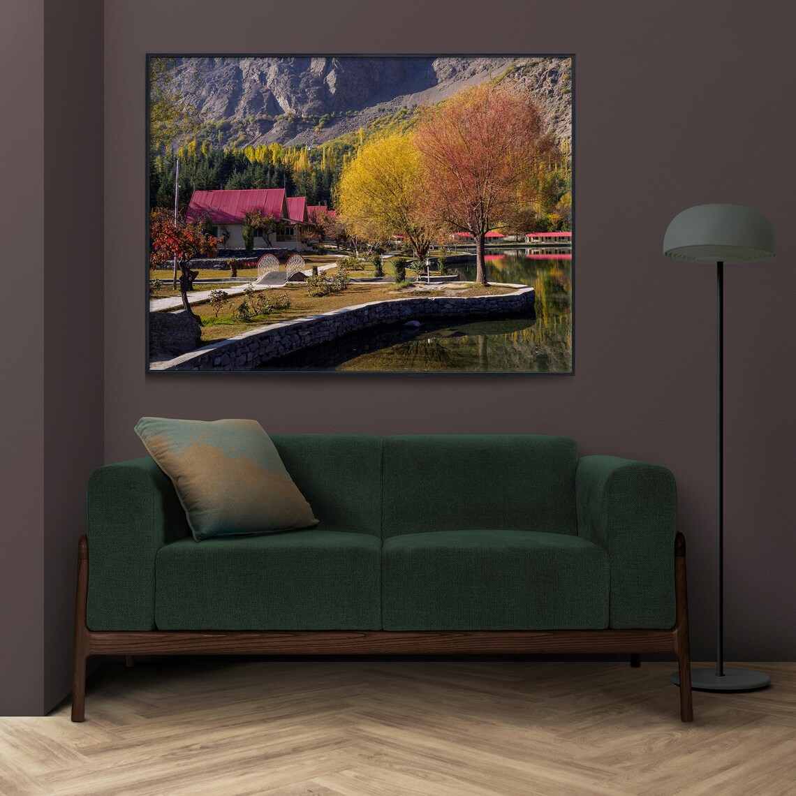 Autumn Lake Reflection Red Roof Houses Mountain Resort Photography Poster