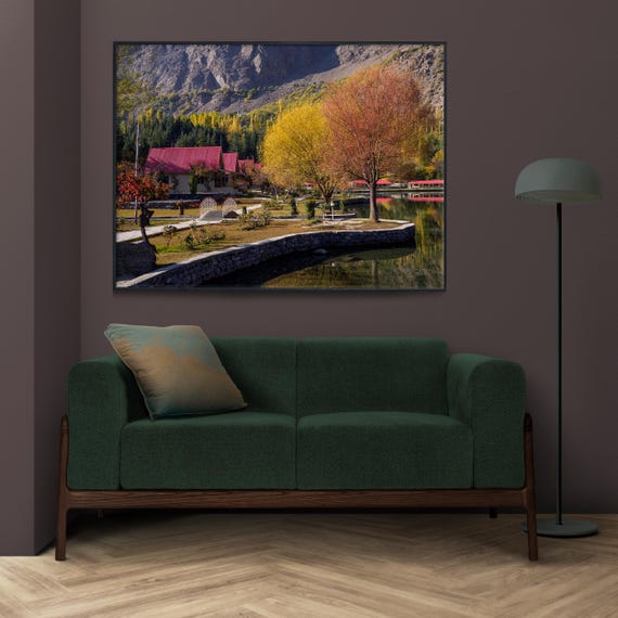 Autumn Lake Reflection Red Roof Houses Mountain Resort Photography Poster