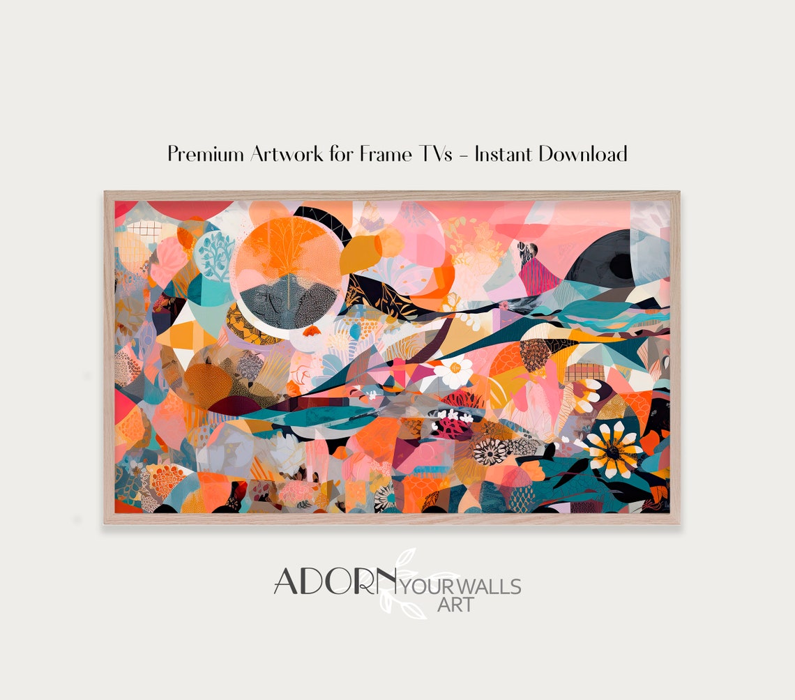 Coral Teal Abstract Waves White Flowers Frame TV Display Wall Art