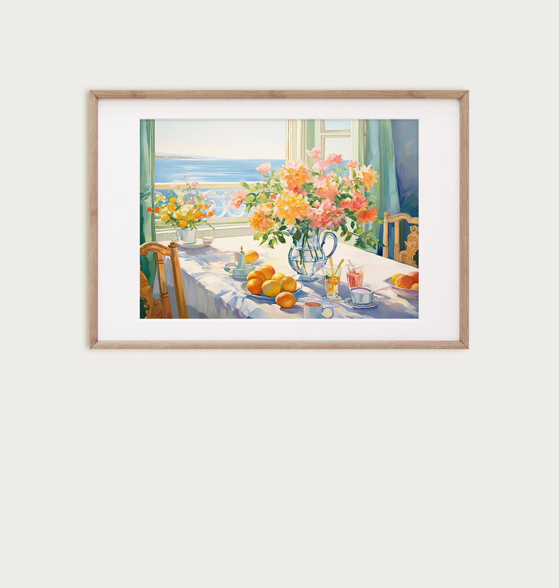 Bright Sunny Breakfast Table Ocean View Floral Still Life Wall Art