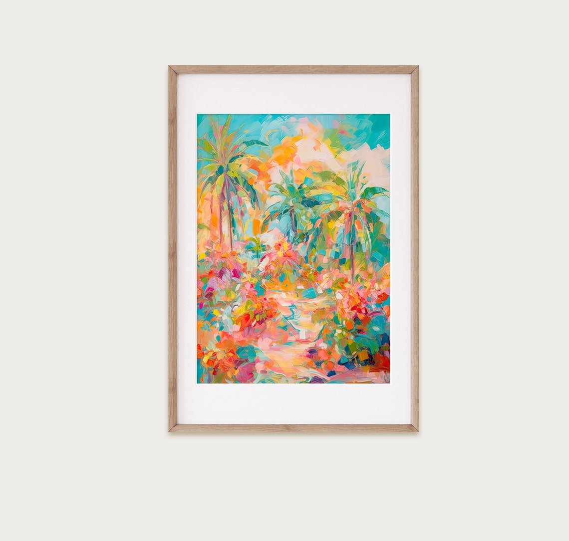 Tropical Palm Trees Impressionist Garden Hot Pink Orange Wall Art